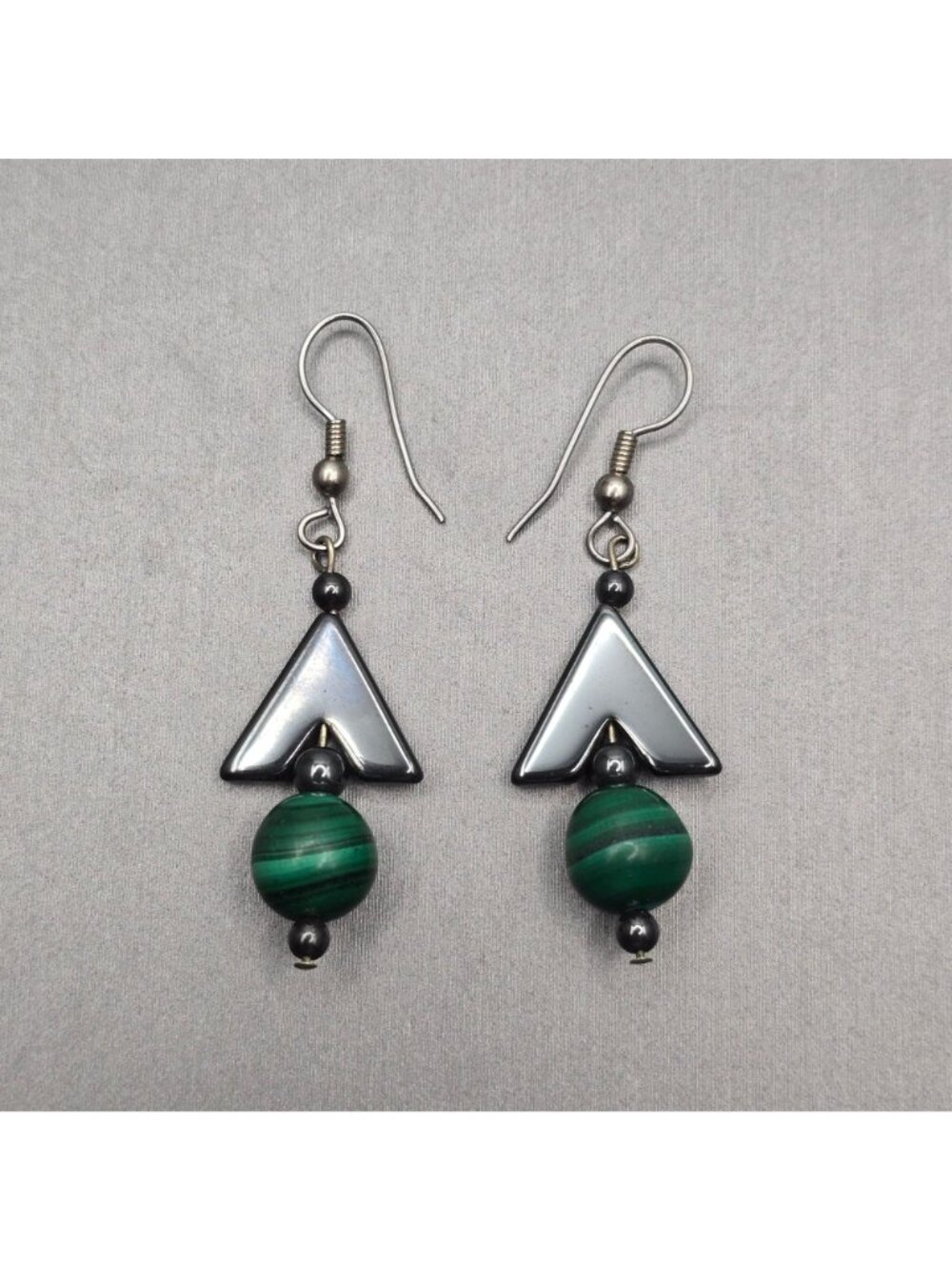 Vintage Malachite Hematite Arrowhead Drop Earrings Sterling Silver Boho Dangle - Picture 8 of 8